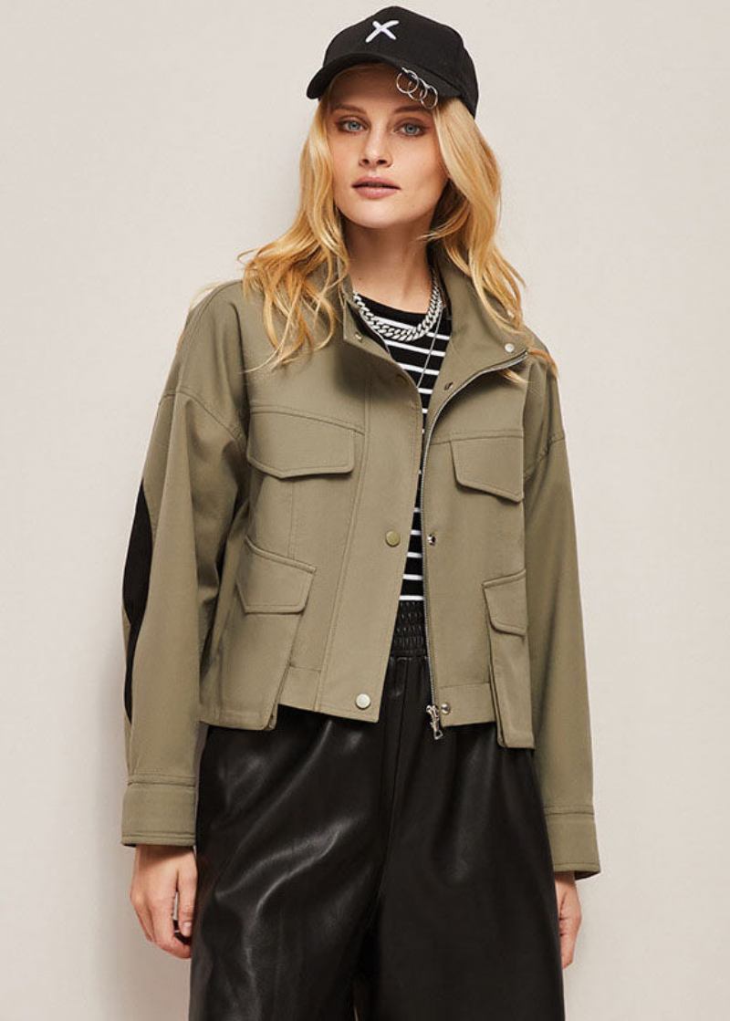 Boutique Khaki Stehkragen Übergroße Patchwork Baumwolle Jacke Frühling - Khaki