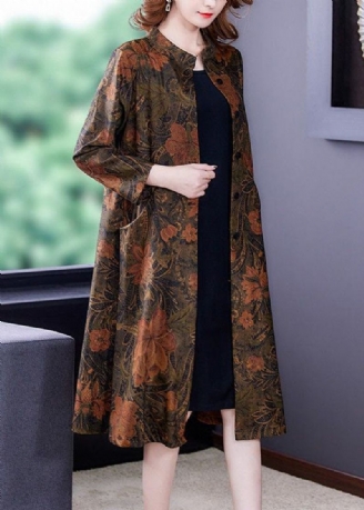 Boutique Orange Stehkragen Print Seide Trenchcoats Herbst