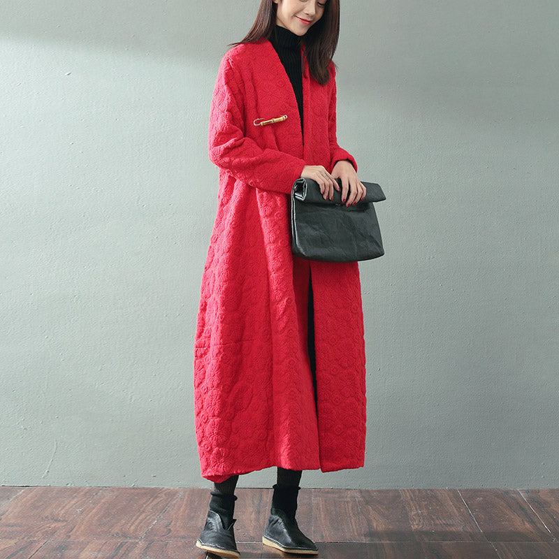 Boutique Roter Maximantel Trendiger Übergrößen-v-ausschnitt Baggy-mäntel Feiner Jacquard-wollmantel - Damen-Trenchcoats