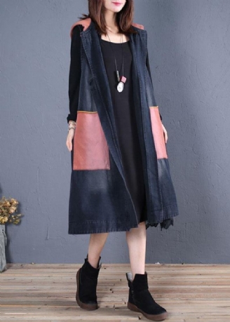 Boutique Trenchcoat In Übergröße Schwarz Patchwork Ärmellose Jacken Mit Kapuze