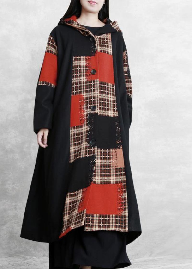 Boutique Übergroßer Langer Jackenmantel Schwarzer Karierter Patchwork-wollmantel Mit Kapuze - Damen-Trenchcoats