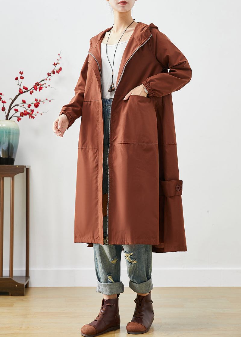 Braun Übergroßen Spandex Trenchcoat Mit Kapuze Reißverschluss