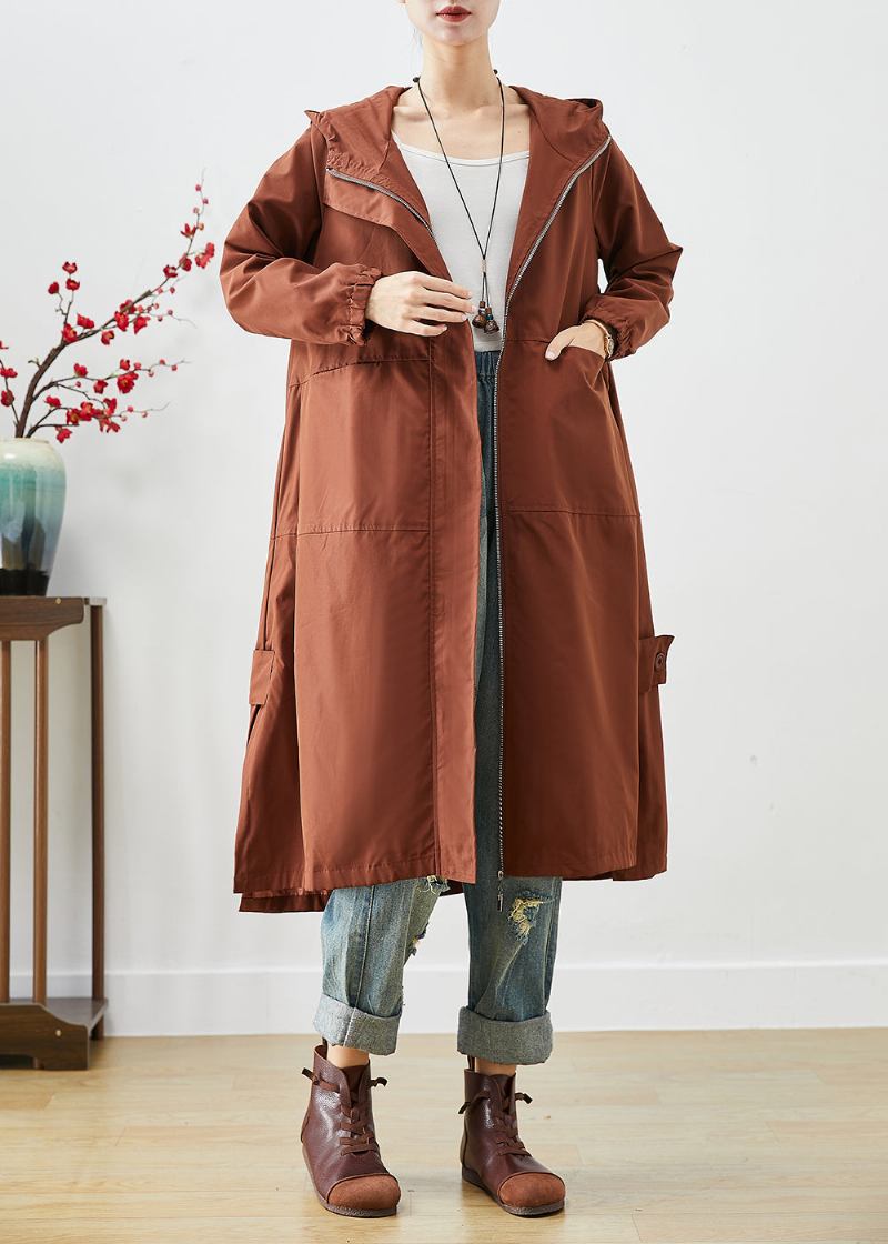 Braun Übergroßen Spandex Trenchcoat Mit Kapuze Reißverschluss - Damen-Trenchcoats