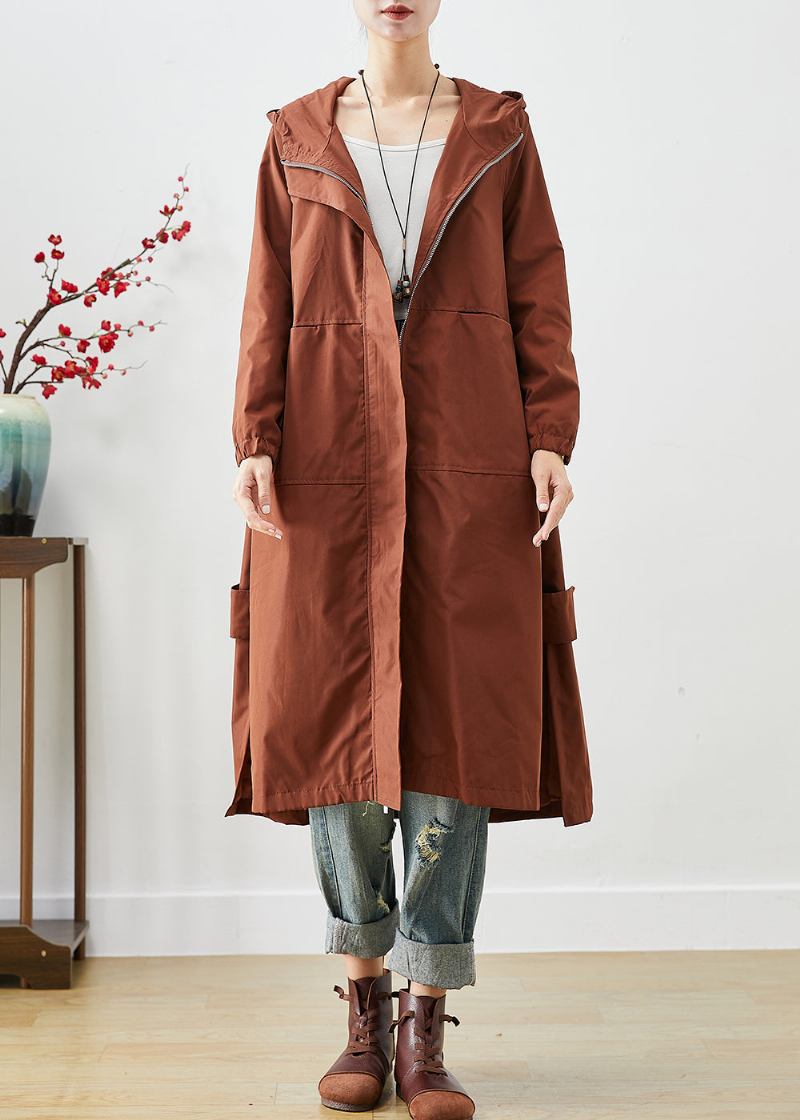 Braun Übergroßen Spandex Trenchcoat Mit Kapuze Reißverschluss - Damen-Trenchcoats