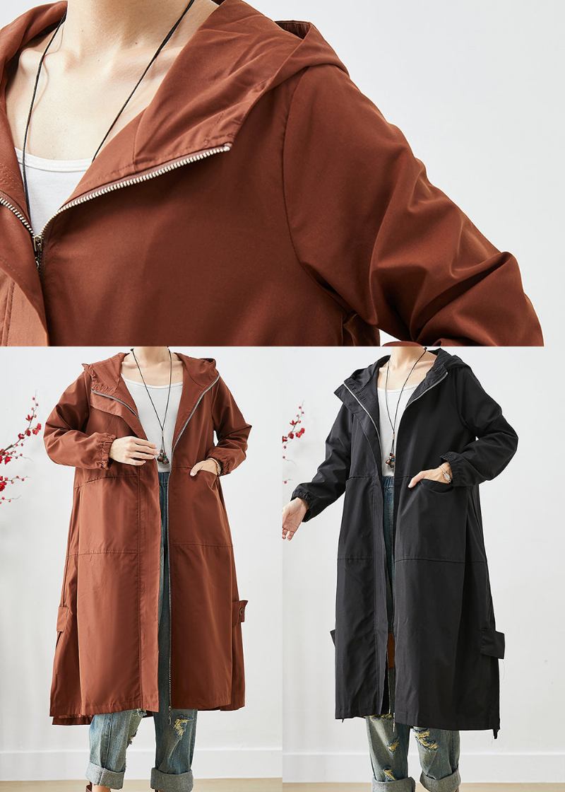 Braun Übergroßen Spandex Trenchcoat Mit Kapuze Reißverschluss - Damen-Trenchcoats