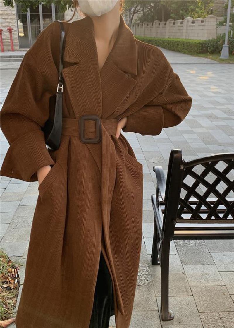 Brauner Trenchcoat Mit Gekerbten Taschen Und Schärpen In Übergröße Frühling - Damen-Trenchcoats