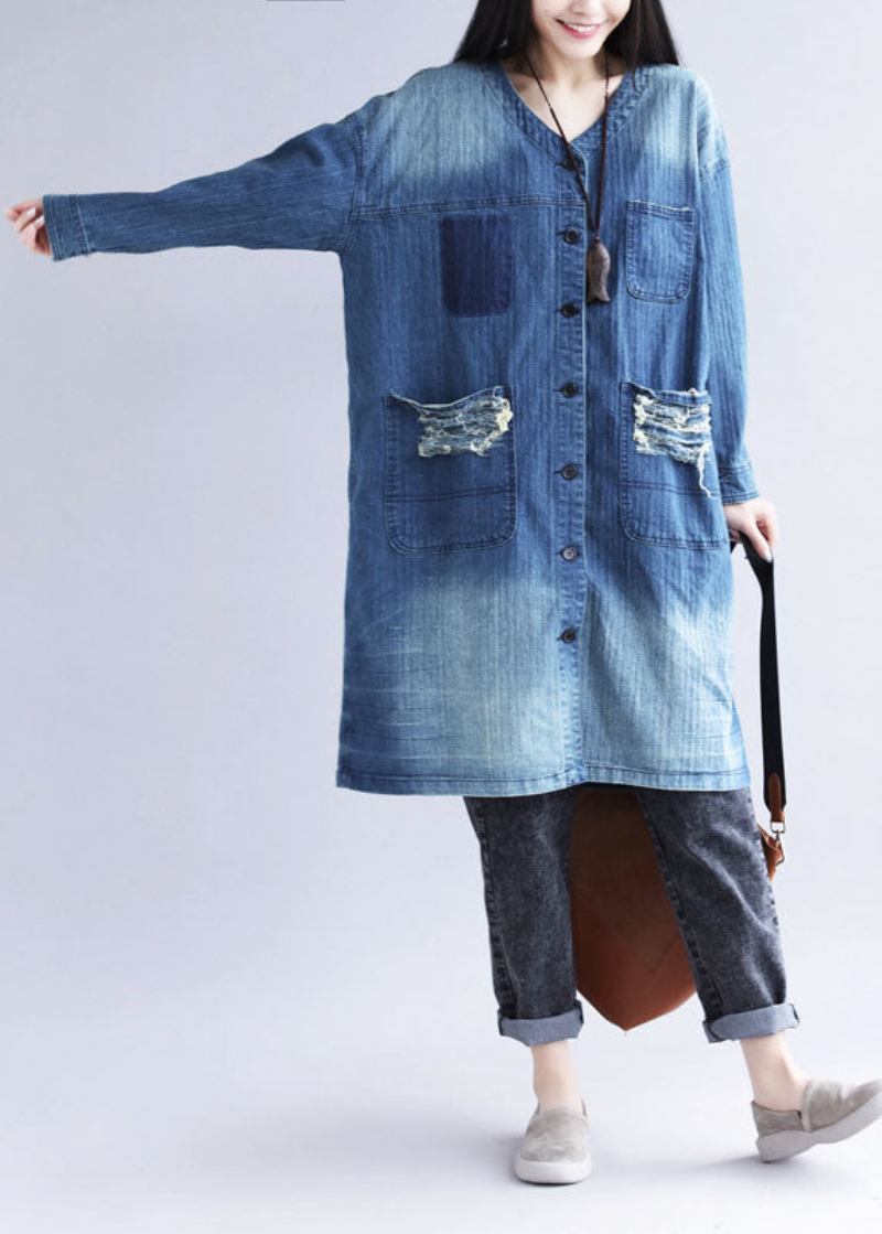 Casual Blau V-ausschnitt Zerrissene Taschen Druck Baumwolle Denim Trenchcoat Frühling