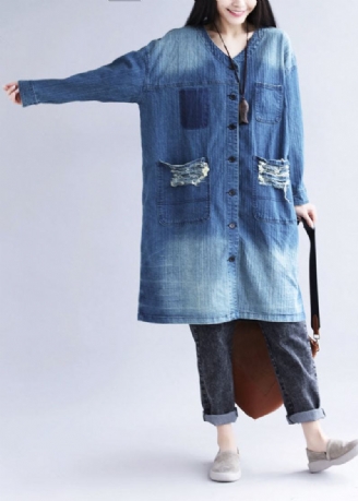 Casual Blau V-ausschnitt Zerrissene Taschen Druck Baumwolle Denim Trenchcoat Frühling