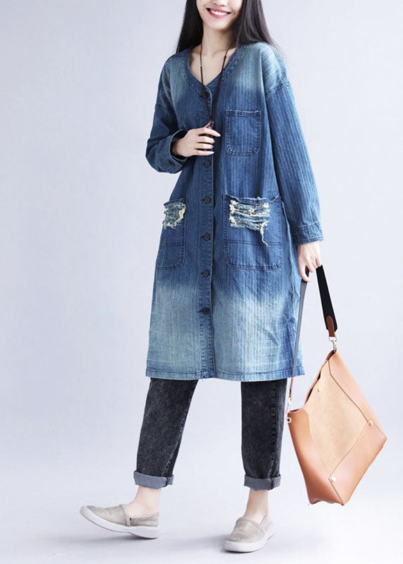 Casual Blau V-ausschnitt Zerrissene Taschen Druck Baumwolle Denim Trenchcoat Frühling - Damen-Trenchcoats