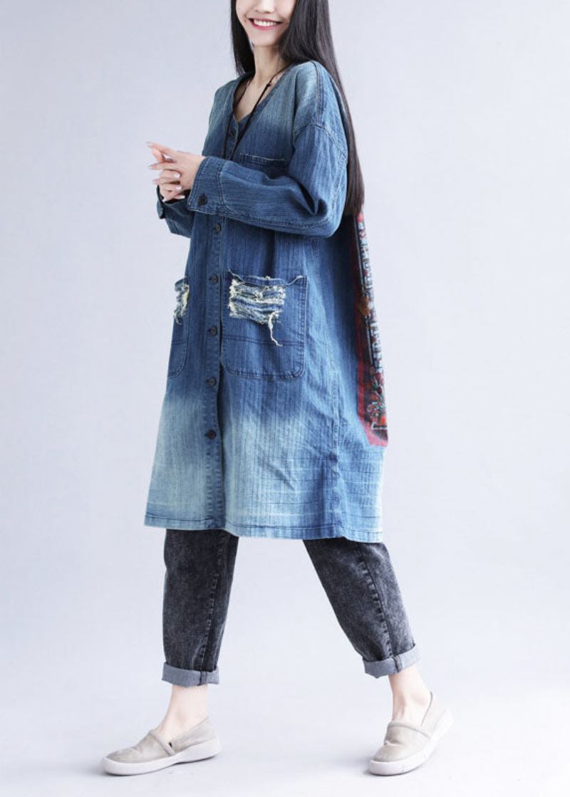 Casual Blau V-ausschnitt Zerrissene Taschen Druck Baumwolle Denim Trenchcoat Frühling - Damen-Trenchcoats