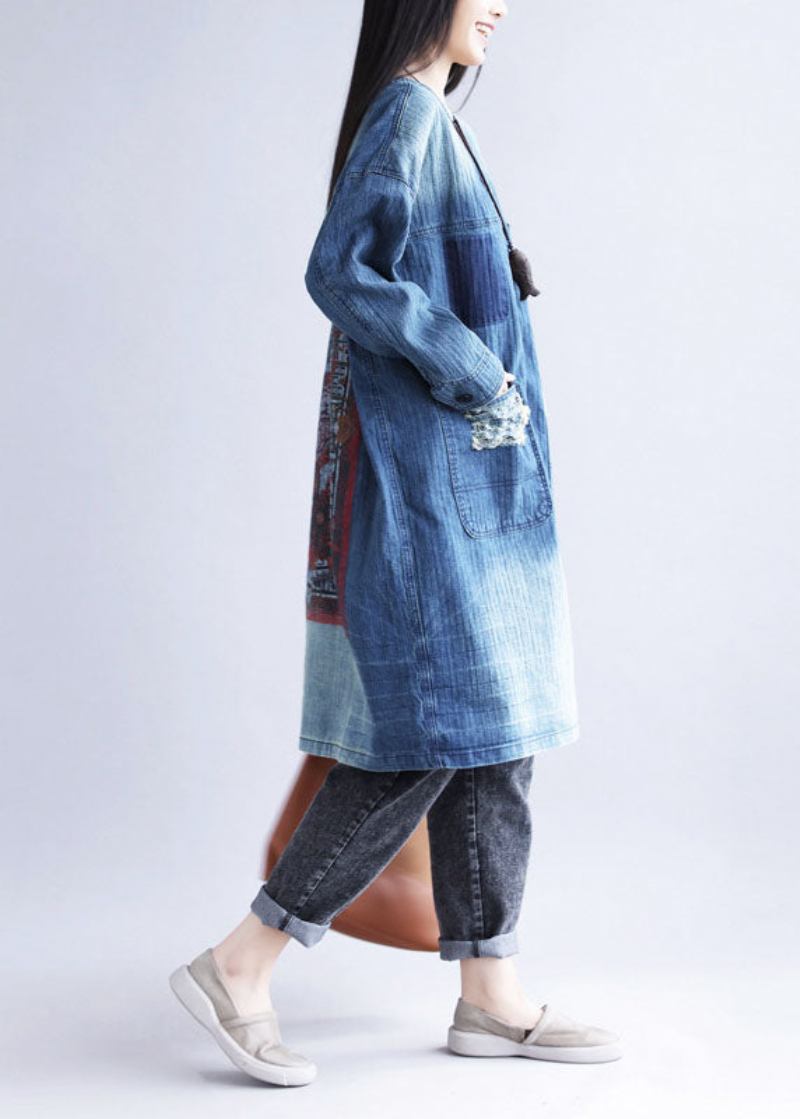 Casual Blau V-ausschnitt Zerrissene Taschen Druck Baumwolle Denim Trenchcoat Frühling - Damen-Trenchcoats