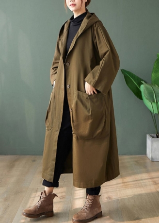 Casual Schwarz Mit Kapuze Taschen Patchwork Baumwolle Lange Trenchcoats Langarm