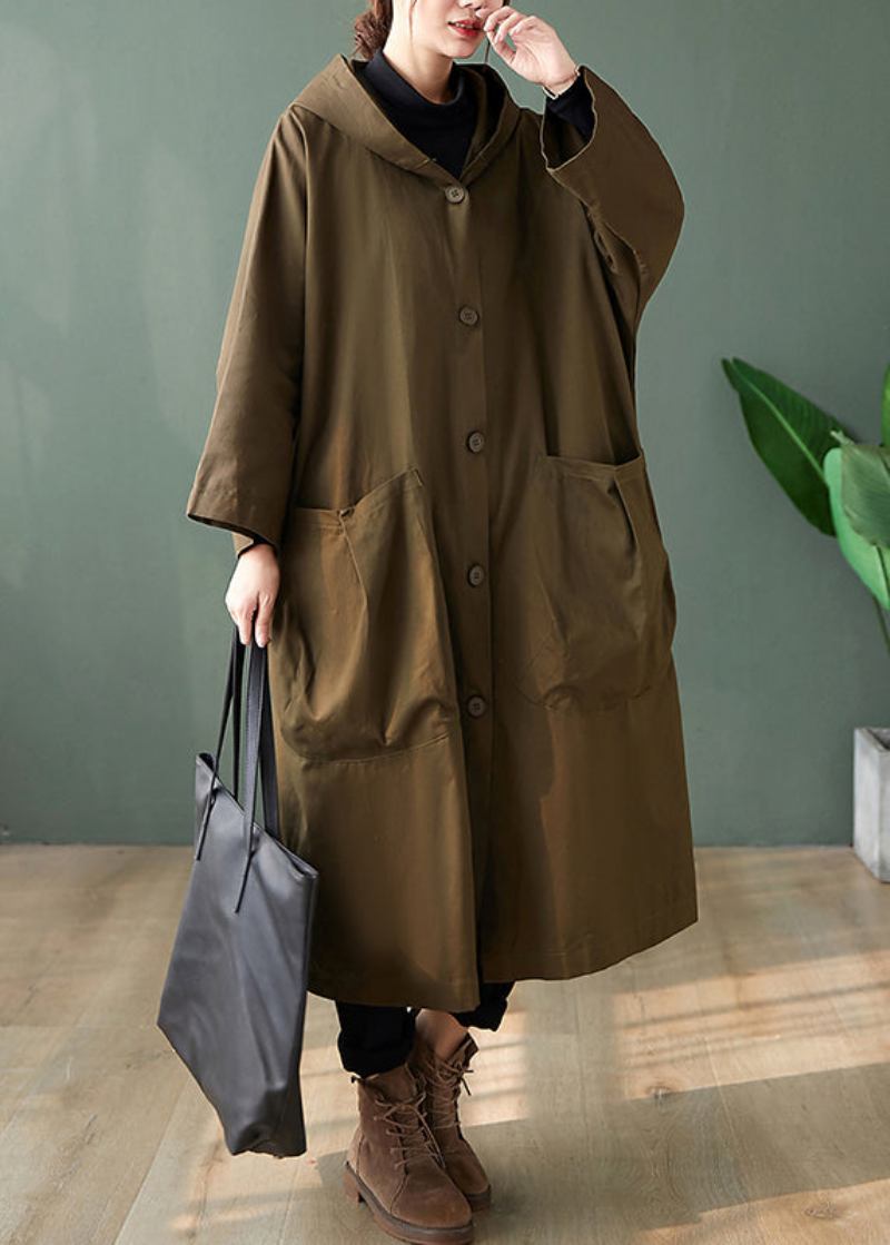 Casual Schwarz Mit Kapuze Taschen Patchwork Baumwolle Lange Trenchcoats Langarm - Damen-Trenchcoats