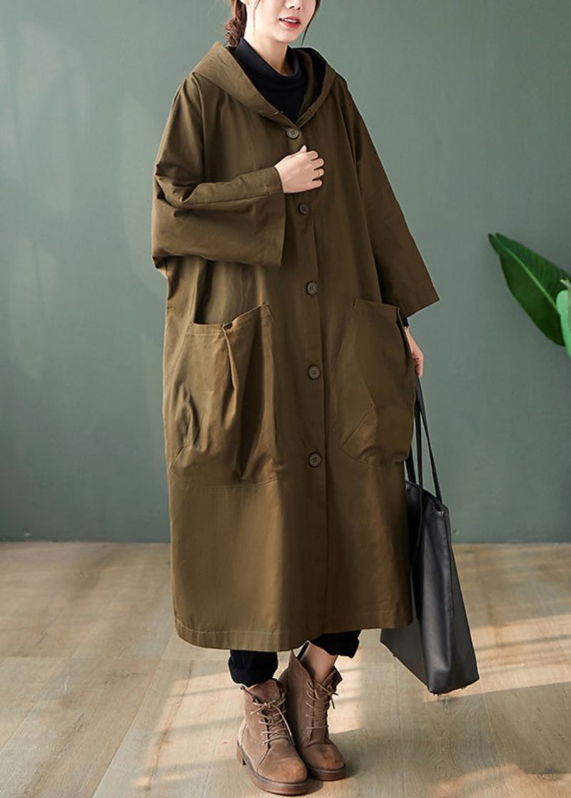 Casual Schwarz Mit Kapuze Taschen Patchwork Baumwolle Lange Trenchcoats Langarm - Damen-Trenchcoats