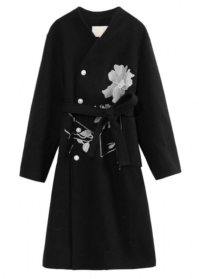 Casual Schwarz Stehkragen Bestickte Krawatte Taille Taste Dicken Woll Langen Trenchcoat Winter - Damen-Trenchcoats