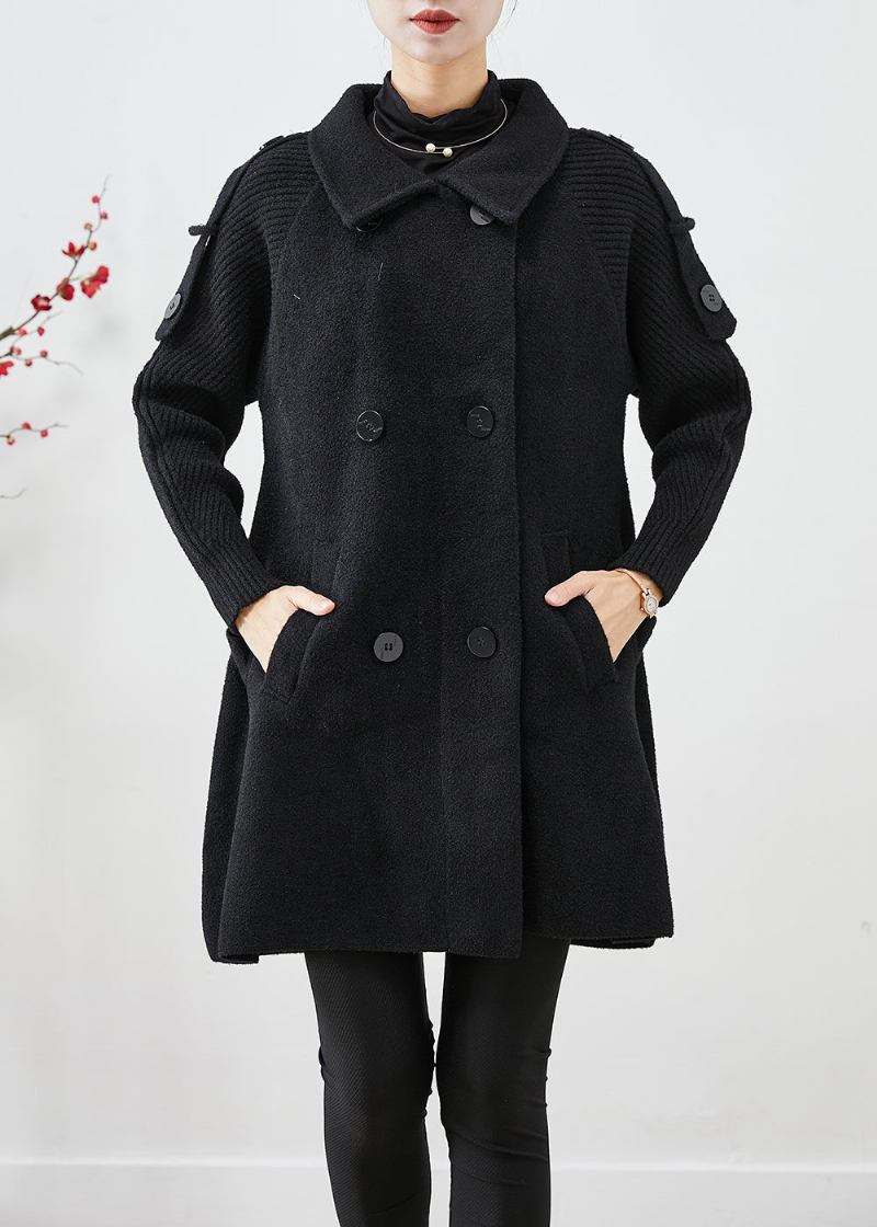 Casual Schwarz Zweireiher Patchwork Wolle Trenchcoats Herbst - Damen-Trenchcoats