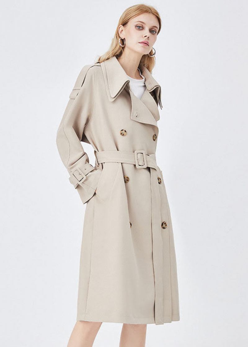 Chic Apricot Doppel-schicht Kragen Zweireiher Baumwolle Cinch Trenchcoat Frühling - Apricot