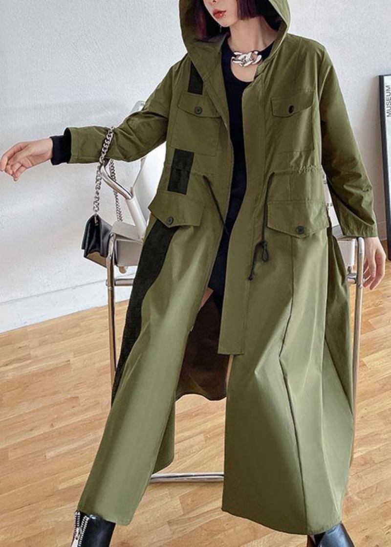 Chic Armee Grün Taschen Patchwork Taste Reißverschluss Herbst Krawatte Taille Mit Kapuze Mantel Lange - Damen-Trenchcoats