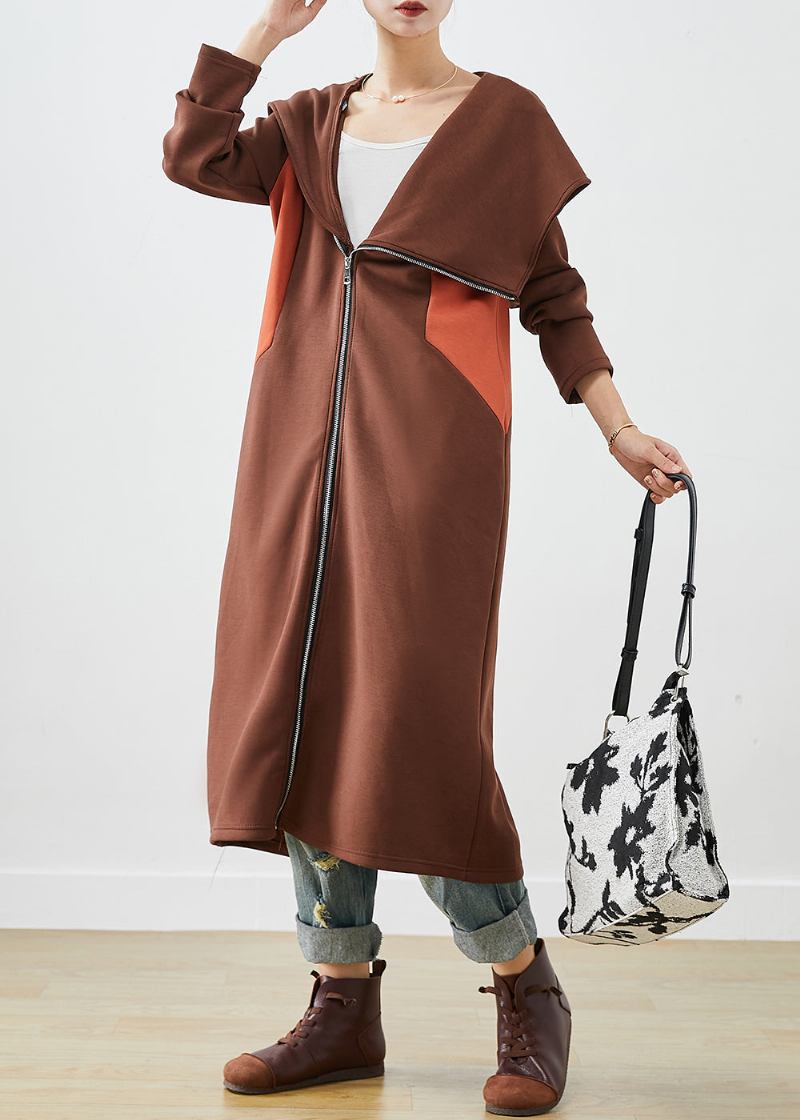 Chic Chocolate Kapuzen Asymmetrische Patchwork Baumwolle Mantel Herbst - Damen-Trenchcoats