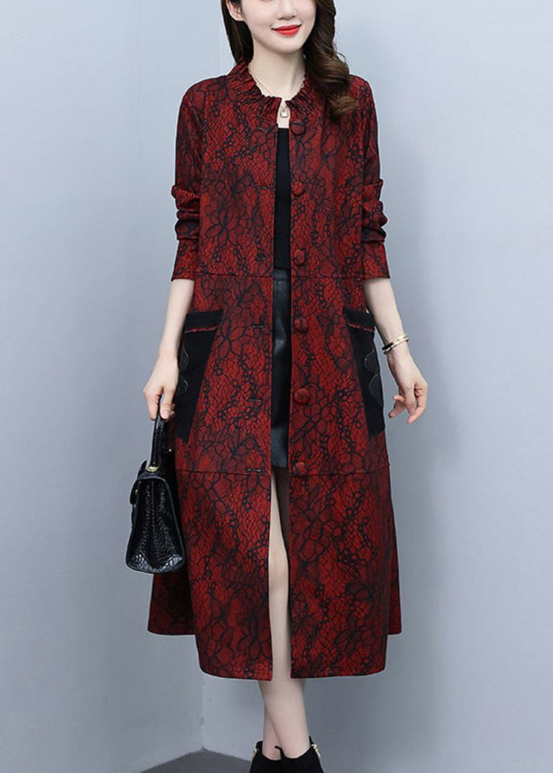 Chic Red Stehkragen Print Lange Trenchcoats Frühling