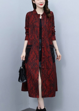 Chic Red Stehkragen Print Lange Trenchcoats Frühling