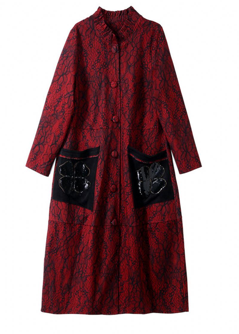 Chic Red Stehkragen Print Lange Trenchcoats Frühling - Rot