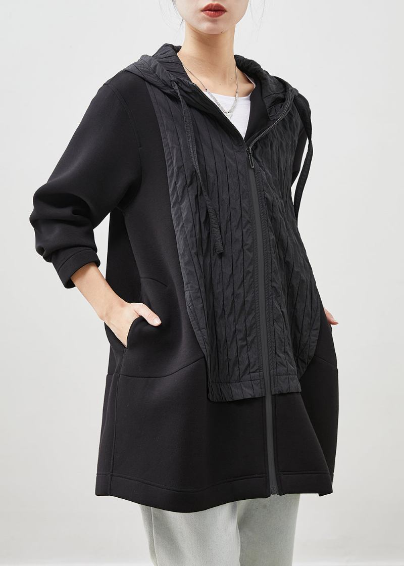 Chic Schwarz Mit Kapuze Patchwork Baumwolle Mantel Outwear Frühling - Damen-Trenchcoats