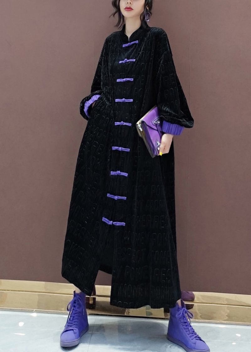 Chinesischen Stil Schwarz Chinesische Taste Patchwork Seide Velour Trenchcoat Frühling