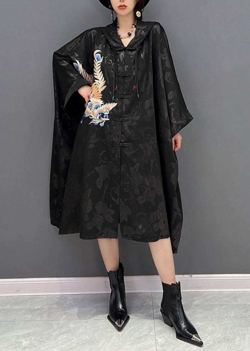 Chinesischen Stil Schwarz Kapuze Bestickt Jacquard Baumwolle Trenchcoat Herbst