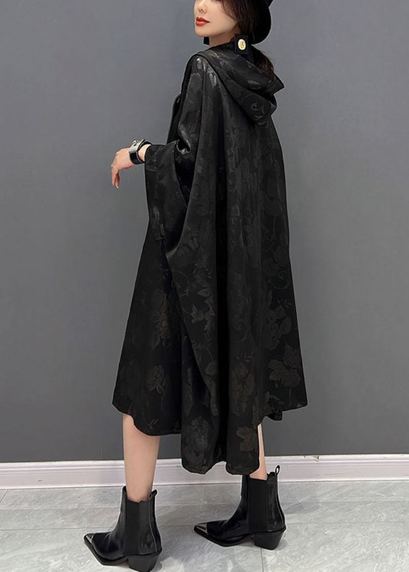 Chinesischen Stil Schwarz Kapuze Bestickt Jacquard Baumwolle Trenchcoat Herbst - Damen-Trenchcoats