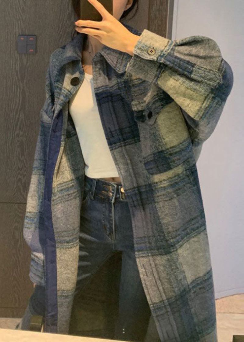 Club Grau Blau Plaid Knopfseite Offen Herbst Wolle Langarm Trenchcoat