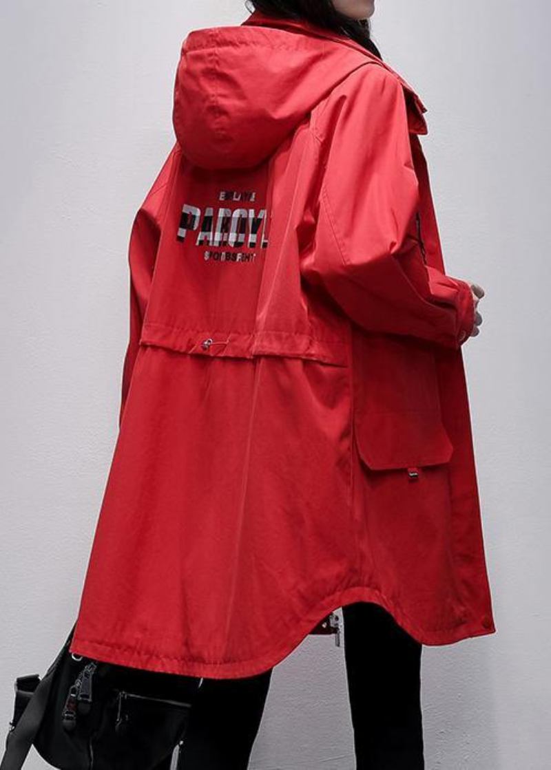 Damen Kapuzenjacke Mit Reißverschluss Und Kranichmuster Rot Midi-oberbekleidung - rot