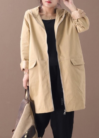 Damen Khaki Fashion Trenchcoat Arbeitsmantel Mit Kapuze Und Reißverschluss Herbstmantel