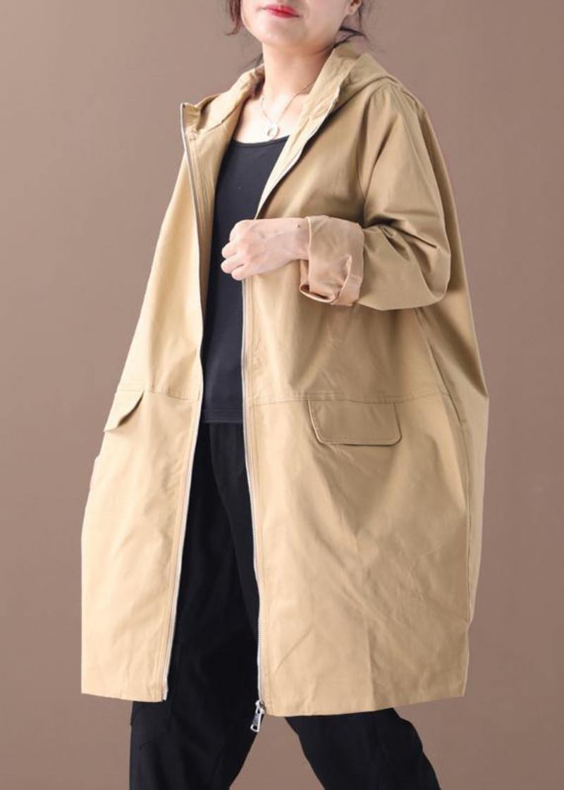 Damen Khaki Fashion Trenchcoat Arbeitsmantel Mit Kapuze Und Reißverschluss Herbstmantel - Damen-Trenchcoats