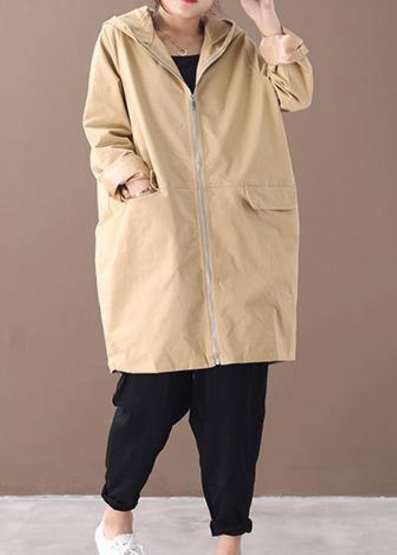 Damen Khaki Fashion Trenchcoat Arbeitsmantel Mit Kapuze Und Reißverschluss Herbstmantel - Damen-Trenchcoats