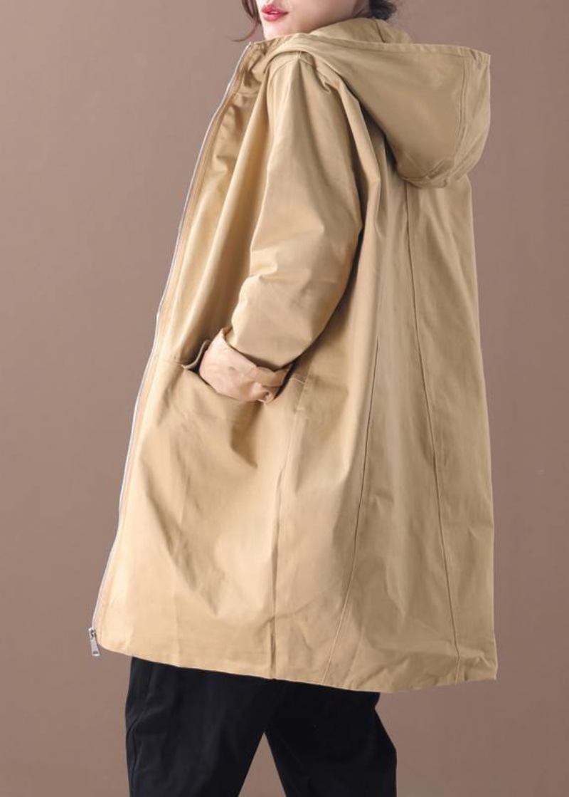 Damen Khaki Fashion Trenchcoat Arbeitsmantel Mit Kapuze Und Reißverschluss Herbstmantel - Damen-Trenchcoats