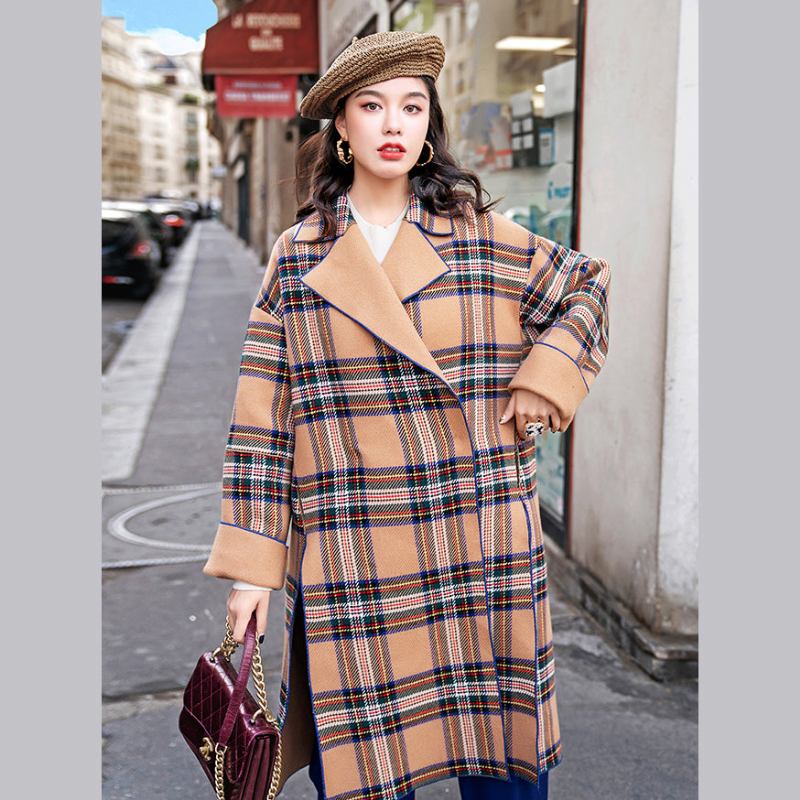 Damen Khaki Plaid Mäntel Übergröße Wintermantel Mit Knopfleiste Feine Seitliche Offene Taschen Wolljacken - Damen-Trenchcoats