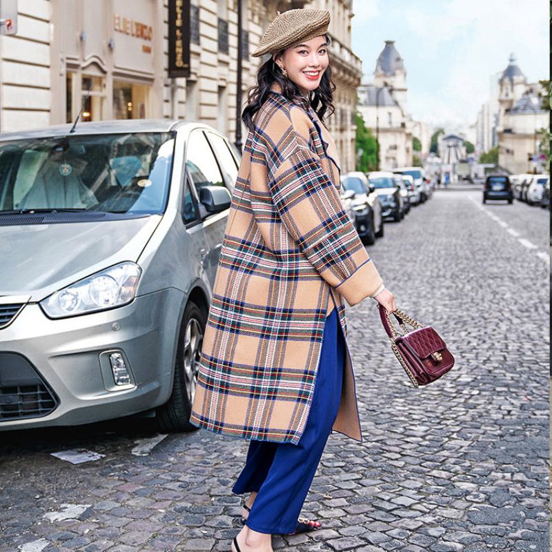 Damen Khaki Plaid Mäntel Übergröße Wintermantel Mit Knopfleiste Feine Seitliche Offene Taschen Wolljacken - Damen-Trenchcoats