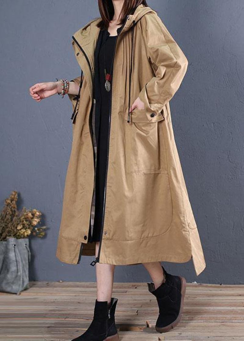 Damen Oversize Langer Wintermantel Herbst Khaki Kapuzenjacken Mit Niedrigem Und Hohem Design - Damen-Trenchcoats