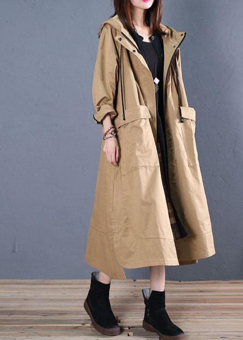 Damen Oversize Langer Wintermantel Herbst Khaki Kapuzenjacken Mit Niedrigem Und Hohem Design - Damen-Trenchcoats