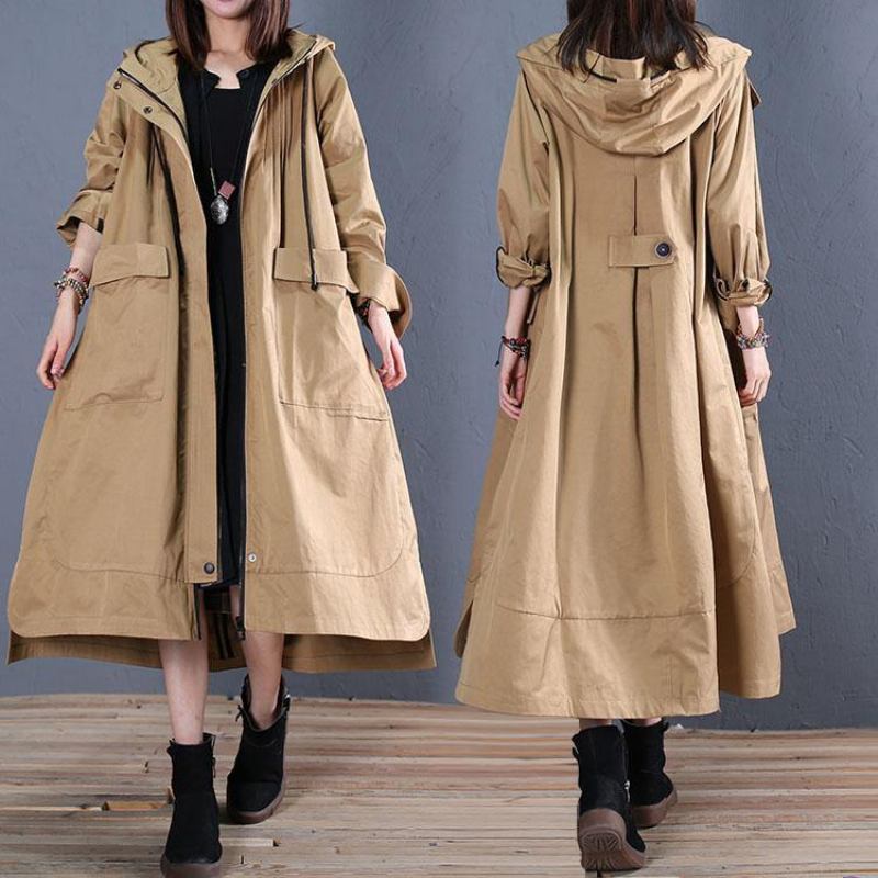 Damen Oversize Langer Wintermantel Herbst Khaki Kapuzenjacken Mit Niedrigem Und Hohem Design - Damen-Trenchcoats