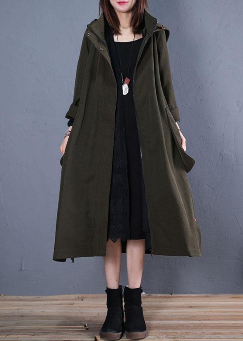 Damen Oversized Mäntel Herbst Grün Seitlich Offen Kapuzenmäntel - Damen-Trenchcoats