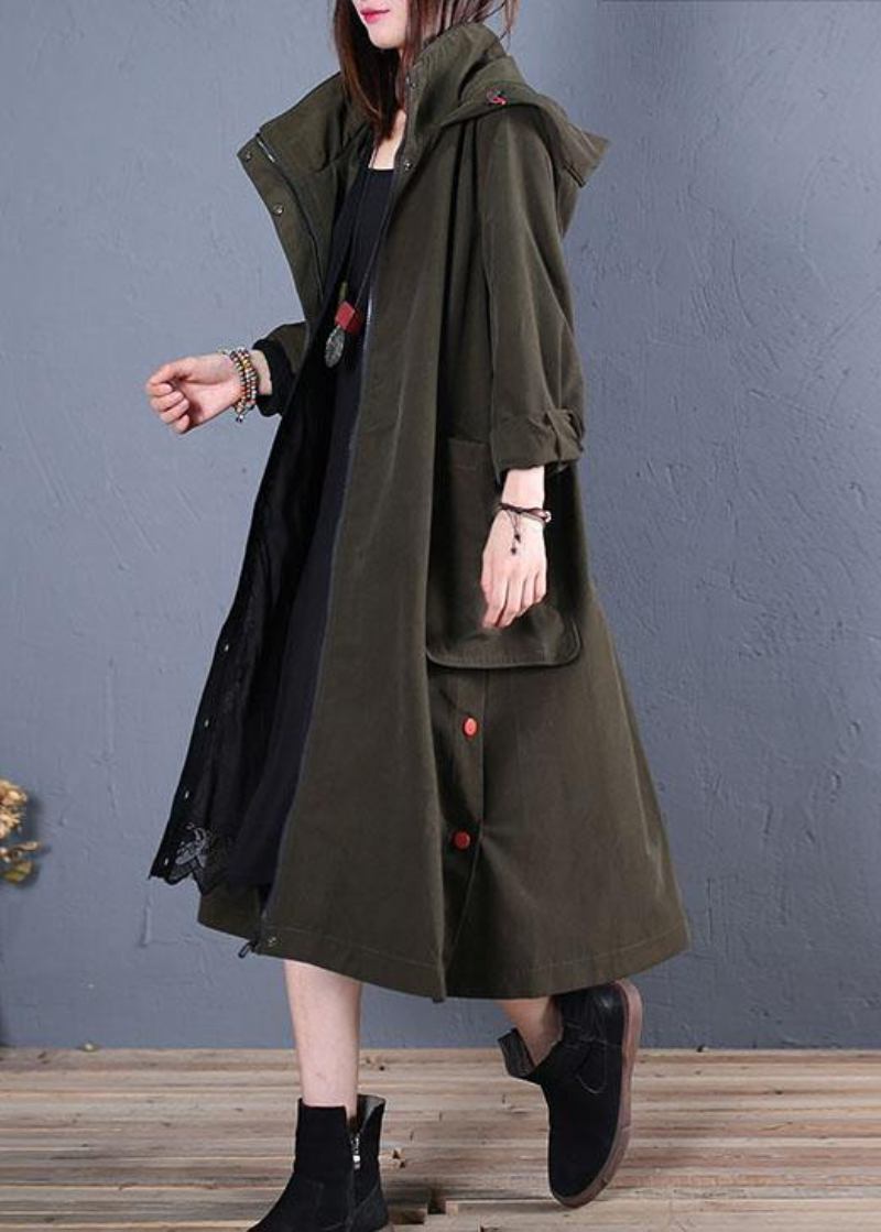 Damen Oversized Mäntel Herbst Grün Seitlich Offen Kapuzenmäntel - Damen-Trenchcoats