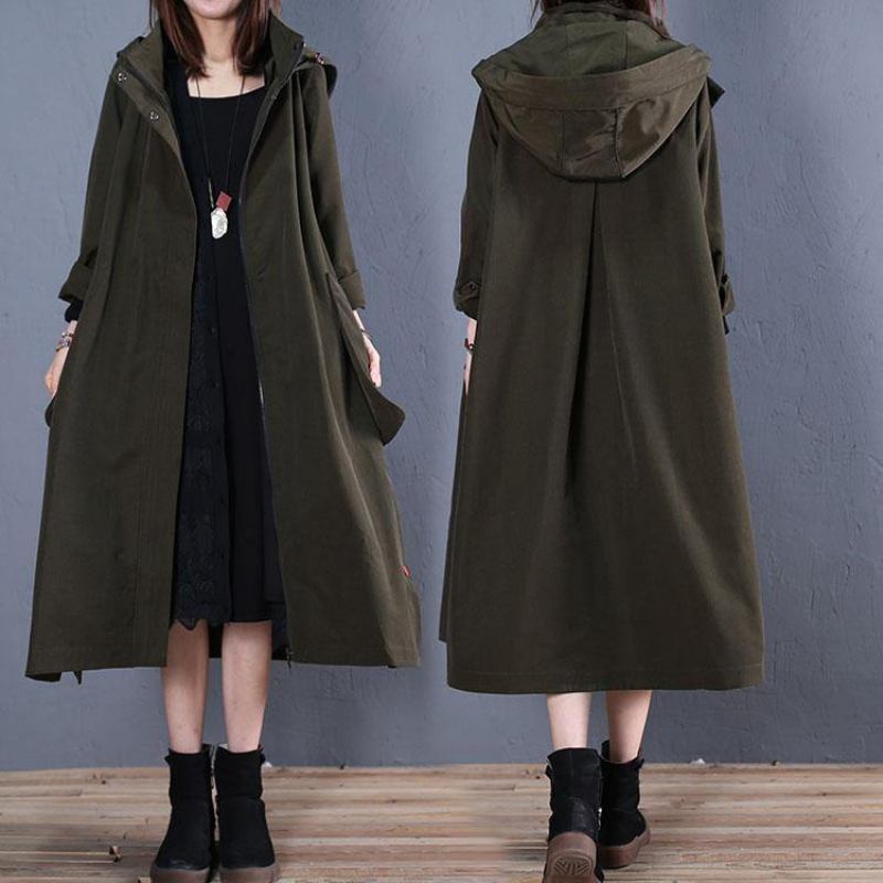 Damen Oversized Mäntel Herbst Grün Seitlich Offen Kapuzenmäntel - Damen-Trenchcoats