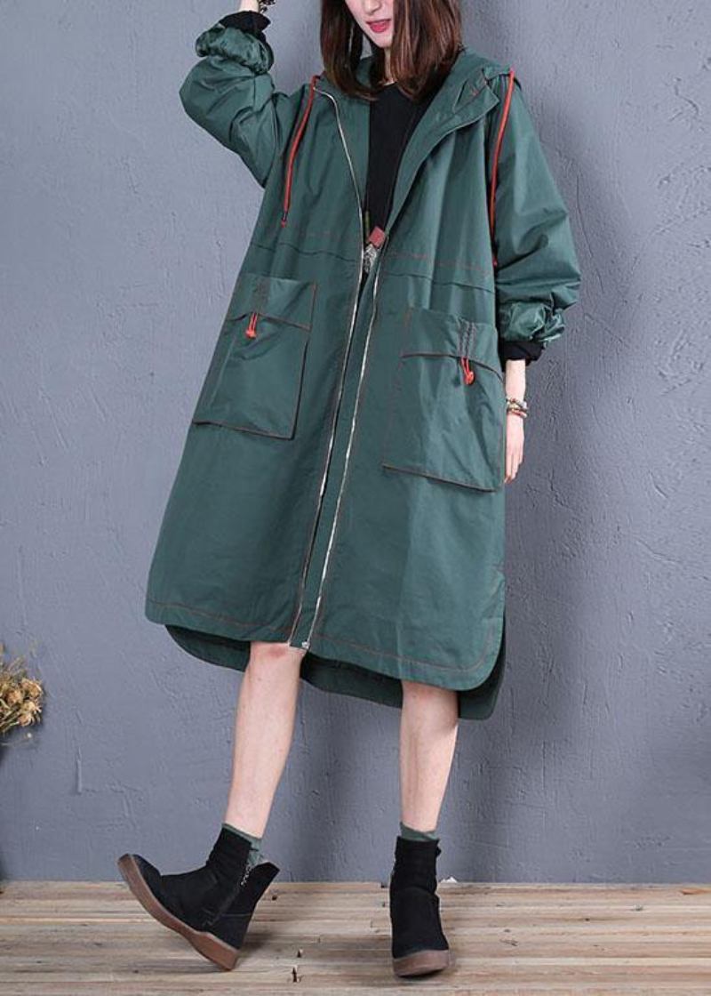 Damen Oversized Maximantel Herbst Grün Seitlich Offen Mit Kapuze Mäntel