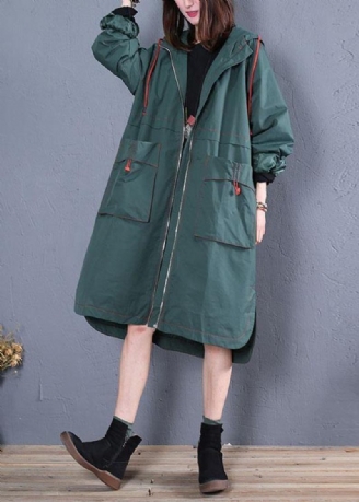 Damen Oversized Maximantel Herbst Grün Seitlich Offen Mit Kapuze Mäntel