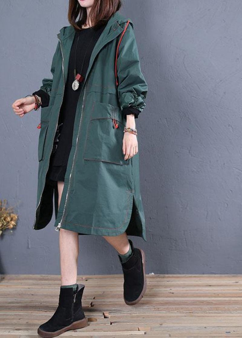 Damen Oversized Maximantel Herbst Grün Seitlich Offen Mit Kapuze Mäntel - Damen-Trenchcoats