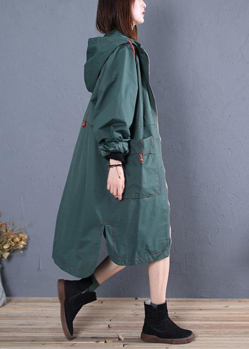 Damen Oversized Maximantel Herbst Grün Seitlich Offen Mit Kapuze Mäntel - Damen-Trenchcoats