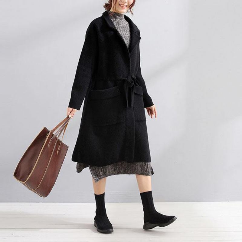 Damen Schwarzer Wollmantel In Übergröße Trenchcoat Für Den Herbst Quadratischer Kragen Taillenbund - schwarz