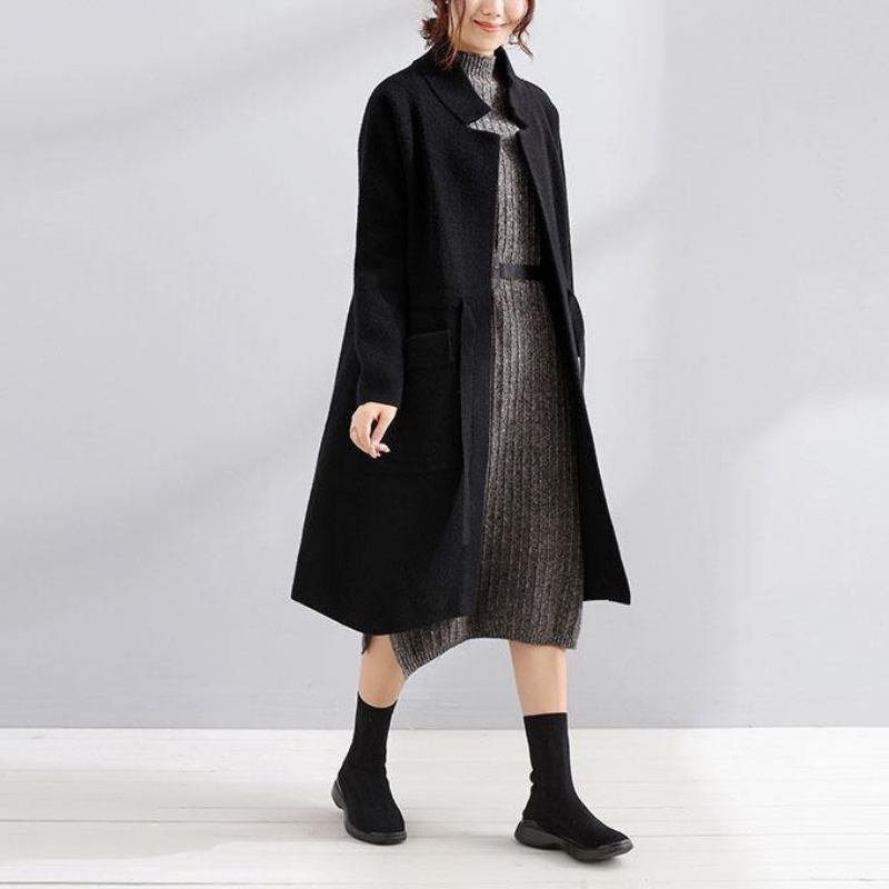 Damen Schwarzer Wollmantel In Übergröße Trenchcoat Für Den Herbst Quadratischer Kragen Taillenbund - schwarz